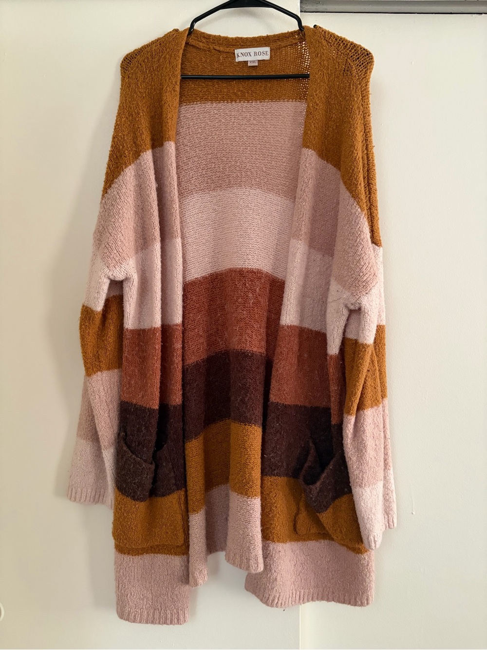 Knox Rose Striped Open-Front Cardigan in Pink and Mustard